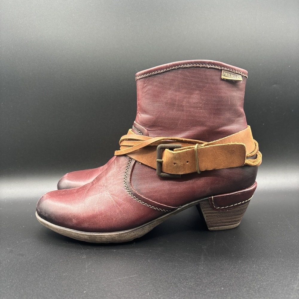 Pikolinos Ankle Boots Women's 38 Buckle Red Burgundy Leather Zip Up Heel - Picture 7 of 11